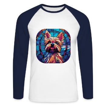 Peinture à l’aquarelle colorée de race de chien Yorkie - T-shirt baseball manches longues Homme - blanc/marine - Devant - Nik (191cm)