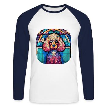 Caniche coloré Race de chien Aquarelle Peinture sur verre - T-shirt baseball manches longues Homme - blanc/marine - Devant - Nik (191cm)