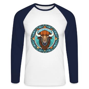 Bison Colorful Watercolor Animal Pet Illustration - Unisex Long Sleeve Baseball T-Shirt - white/navy - Front - Nik (191cm)