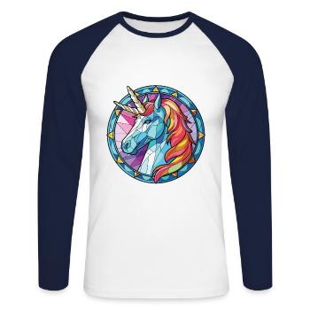 Einhorn-Bunte Aquarell-Tierillustration - Unisex Baseballshirt langarm - Weiß/Navy - Vorne - Nik (191cm)