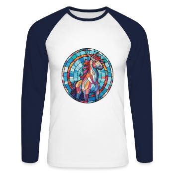 Einhorn-Bunte Aquarell-Tierillustration - Unisex Baseballshirt langarm - Weiß/Navy - Vorne - Nik (191cm)