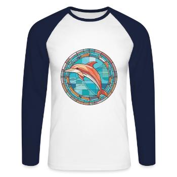 Dolphin Colorful Watercolor Animal Illustration - Unisex Long Sleeve Baseball T-Shirt - white/navy - Front - Nik (191cm)