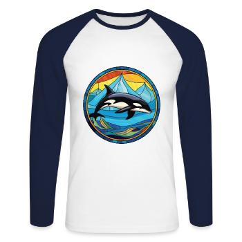 Orca Colorful Watercolor Animal Pet Illustration - Unisex Long Sleeve Baseball T-Shirt - white/navy - Front - Nik (191cm)