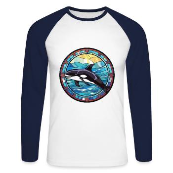 Orca Colorful Watercolor Animal Pet Illustration - Unisex Long Sleeve Baseball T-Shirt - white/navy - Front - Nik (191cm)