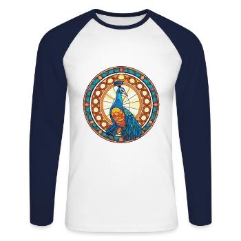 Pfauenbunte Aquarell-Tierillustration - Unisex Baseballshirt langarm - Weiß/Navy - Vorne - Nik (191cm)