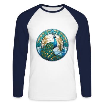 Pfauenbunte Aquarell-Tierillustration - Unisex Baseballshirt langarm - Weiß/Navy - Vorne - Nik (191cm)