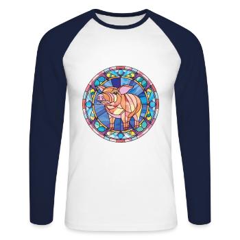 Pig Colorful Watercolor Animal Pet Illustration - Unisex Long Sleeve Baseball T-Shirt - white/navy - Front - Nik (191cm)