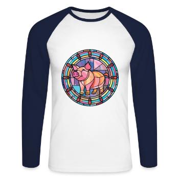 Pig Colorful Watercolor Animal Pet Illustration - Unisex Long Sleeve Baseball T-Shirt - white/navy - Front - Nik (191cm)