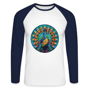 Pfauenbunte Aquarell-Tierillustration - Unisex Baseballshirt langarm - Weiß/Navy - Vorne - Nik (191cm)