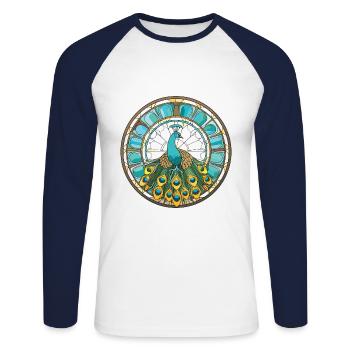 Pfauenbunte Aquarell-Tierillustration - Unisex Baseballshirt langarm - Weiß/Navy - Vorne - Nik (191cm)