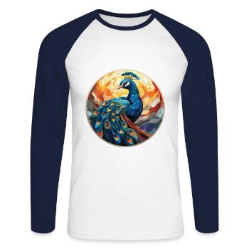 Pfauenbunte Aquarell-Tierillustration - Unisex Baseballshirt langarm - Weiß/Navy - Vorne - Nik (191cm)