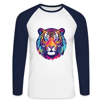 Tiger Colorful Watercolor Animal Pet Illustration - Unisex Long Sleeve Baseball T-Shirt - white/navy - Front - Nik (191cm)