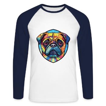 Mops Hund Bunte Aquarell Tier Illustration - Unisex Baseballshirt langarm - Weiß/Navy - Vorne - Nik (191cm)