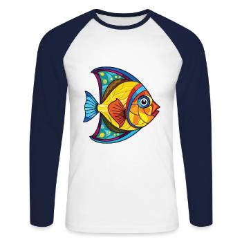 Flounder Fish Colorful Watercolor Animal Cartoon - Unisex Long Sleeve Baseball T-Shirt - white/navy - Front - Nik (191cm)