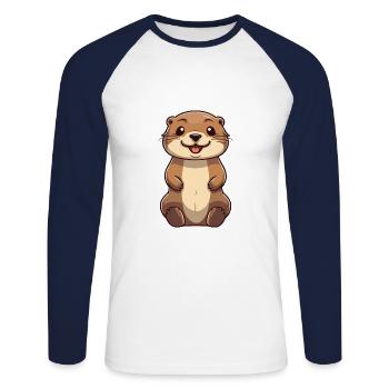Otter Cartoon Kawaii Watercolor Illustration - Unisex Long Sleeve Baseball T-Shirt - white/navy - Front - Nik (191cm)
