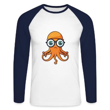 Squid Cartoon Kawaii Watercolor Illustration - Unisex Long Sleeve Baseball T-Shirt - white/navy - Front - Nik (191cm)