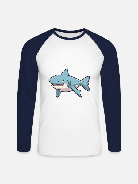 Sixgill Shark Tecknad Kawaii färgglad illustration - Långärmad basebolltröja herr - vit/marinblå