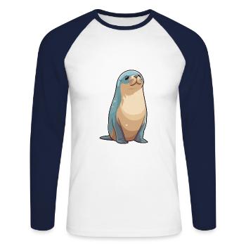 Lion de mer Cartoon Kawaii Aquarelle Illustration - T-shirt baseball manches longues Homme - blanc/marine - Devant - Nik (191cm)