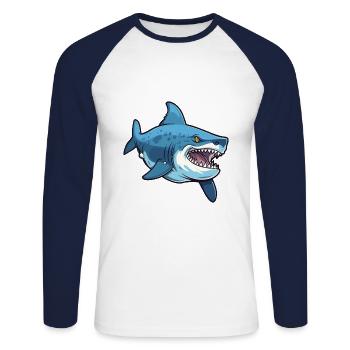 Tigerhai-Karikatur-Kawaii-Aquarellillustration - Unisex Baseballshirt langarm - Weiß/Navy - Vorne - Nik (191cm)