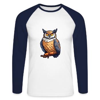 Grand Hibou d’Amérique Dessin animé Kawaii Illustration - T-shirt baseball manches longues Homme - blanc/marine - Devant - Nik (191cm)