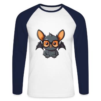 Fledermaus trägt Brille Cartoon Kawaii Illustration - Unisex Baseballshirt langarm - Weiß/Navy - Vorne - Nik (191cm)