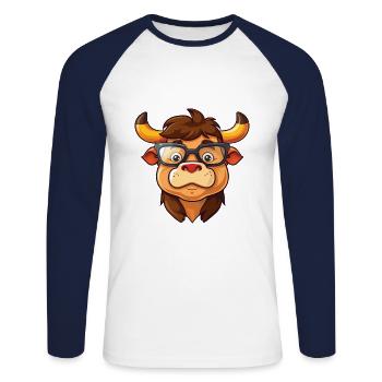 Bull Wearing Glasses Cartoon Kawaii Illustration - Unisex Long Sleeve Baseball T-Shirt - white/navy - Front - Nik (191cm)