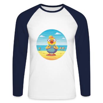 Chicken Cartoon Yoga Beach Summer Illustration - Unisex Long Sleeve Baseball T-Shirt - white/navy - Front - Nik (191cm)