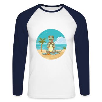Iguana Cartoon Yoga Beach Summer Illustration - Unisex Long Sleeve Baseball T-Shirt - white/navy - Front - Nik (191cm)