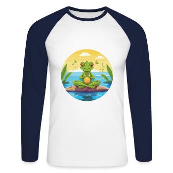 Frog Cartoon Yoga Beach Summer Illustration - Unisex Long Sleeve Baseball T-Shirt - white/navy - Front - Nik (191cm)