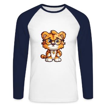 Tiger mit Brille Karikatur Kawaii Illustration - Unisex Baseballshirt langarm - Weiß/Navy - Vorne - Nik (191cm)
