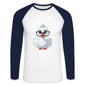Cygne portant des lunettes Dessin animé Kawaii Illustration - T-shirt baseball manches longues Homme - blanc/marine - Devant - Nik (191cm)