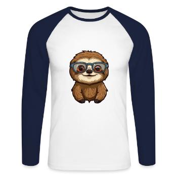 Sloth Wearing Glasses Cartoon Kawaii Illustration - Unisex Long Sleeve Baseball T-Shirt - white/navy - Front - Nik (191cm)