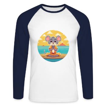 Mouse Cartoon Yoga Beach Summer Illustration - Unisex Long Sleeve Baseball T-Shirt - white/navy - Front - Nik (191cm)
