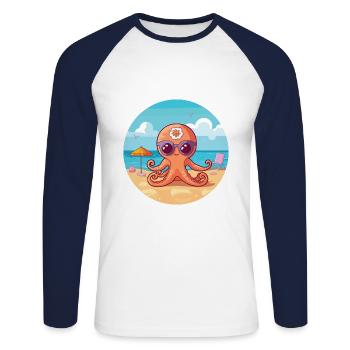 Octopus Cartoon Yoga Beach Summer Illustration - Unisex Long Sleeve Baseball T-Shirt - white/navy - Front - Nik (191cm)