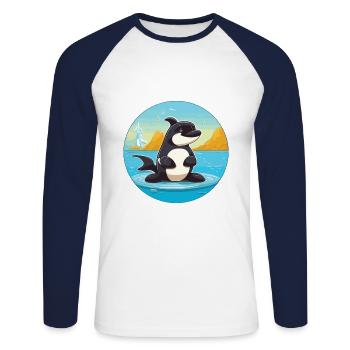 Orca Cartoon Yoga Beach Summer Illustration - Unisex Long Sleeve Baseball T-Shirt - white/navy - Front - Nik (191cm)