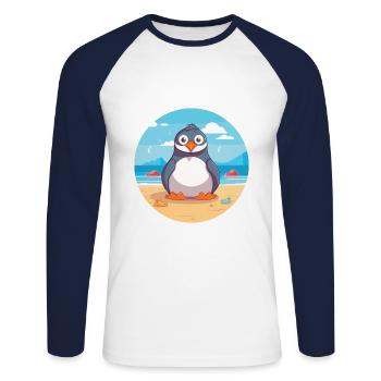 Penguin Cartoon Yoga Beach Summer Illustration - Unisex Long Sleeve Baseball T-Shirt - white/navy - Front - Nik (191cm)