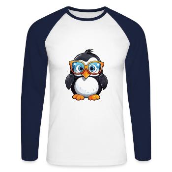 Pingouin avec lunettes Cartoon Kawaii Illustration - T-shirt baseball manches longues Homme - blanc/marine - Devant - Nik (191cm)