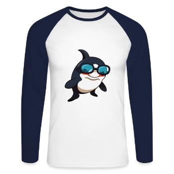 Orca Wearing Glasses Cartoon Kawaii Illustration - Unisex Long Sleeve Baseball T-Shirt - white/navy - Front - Nik (191cm)