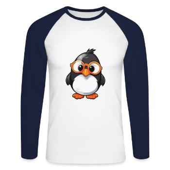 Pingouin avec lunettes Cartoon Kawaii Illustration - T-shirt baseball manches longues Homme - blanc/marine - Devant - Nik (191cm)