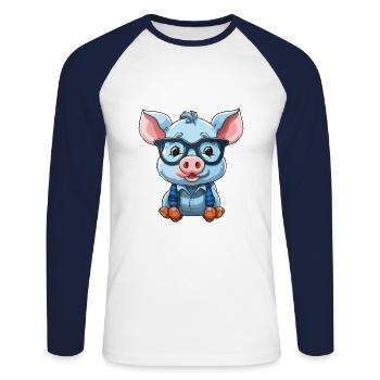 Cochon portant des lunettes Dessin animé Kawaii Illustration - T-shirt baseball manches longues Homme - blanc/marine - Devant - Nik (191cm)