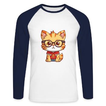 Chaton portant des lunettes Dessin animé Kawaii Illustration - T-shirt baseball manches longues Homme - blanc/marine - Devant - Nik (191cm)