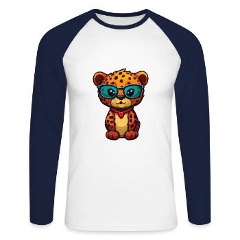 Jaguar portant des lunettes dessin animé Kawaii Illustration - T-shirt baseball manches longues Homme - blanc/marine - Devant - Nik (191cm)