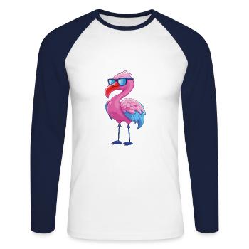 Flamingo mit Brille Cartoon Kawaii Illustration - Unisex Baseballshirt langarm - Weiß/Navy - Vorne - Nik (191cm)