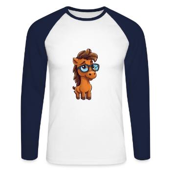Pferd trägt Brille Cartoon Kawaii Illustration - Unisex Baseballshirt langarm - Weiß/Navy - Vorne - Nik (191cm)