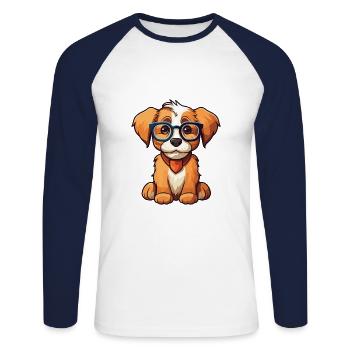 chien portant des lunettes dessin animé Kawaii Illustration - T-shirt baseball manches longues Homme - blanc/marine - Devant - Nik (191cm)