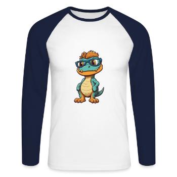 Dinosaur With Glasses Cartoon Kawaii Illustration - Unisex Long Sleeve Baseball T-Shirt - white/navy - Front - Nik (191cm)