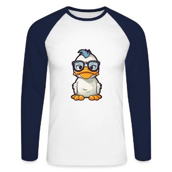 Ente trägt Brille Cartoon Kawaii Illustration - Unisex Baseballshirt langarm - Weiß/Navy - Vorne - Nik (191cm)