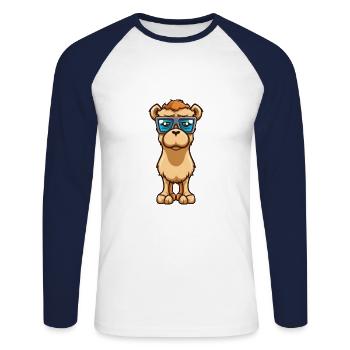 Kamel mit Brille Cartoon Kawaii Illustration - Unisex Baseballshirt langarm - Weiß/Navy - Vorne - Nik (191cm)