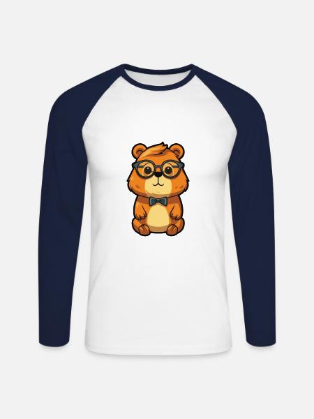 bæver iført briller tegneserie kawaii illustration - Langærmet herre-baseballshirt - hvid/marineblå