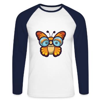 Papillon avec lunettes Cartoon Kawaii Illustration - T-shirt baseball manches longues Homme - blanc/marine - Devant - Nik (191cm)